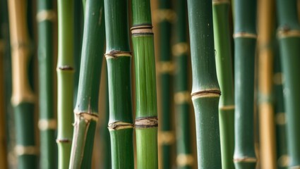 Fototapeta premium Closeup view of vibrant green cut bamboo stems showcasing natural patterns and textures against a softly blurred background.