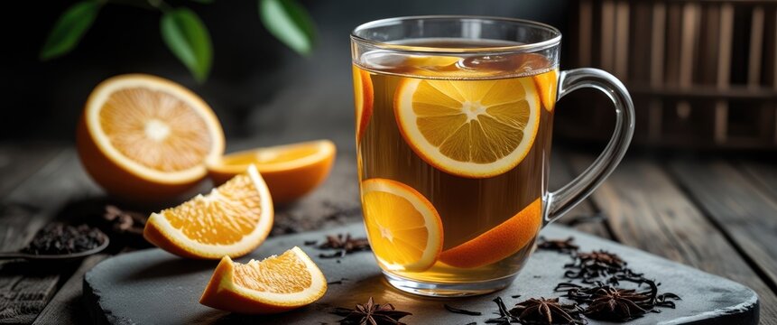 Refreshing iced tea with orange slices on a rustic table providing ample space for text or branding elements.