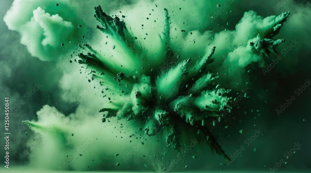 Poster vibrant abstract green powder explosion creating a dynamic bokeh effect against a dark background id