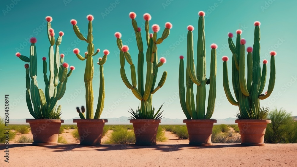Poster vibrant display of cacti in terracotta pots against a clear sky with blank space for text and design