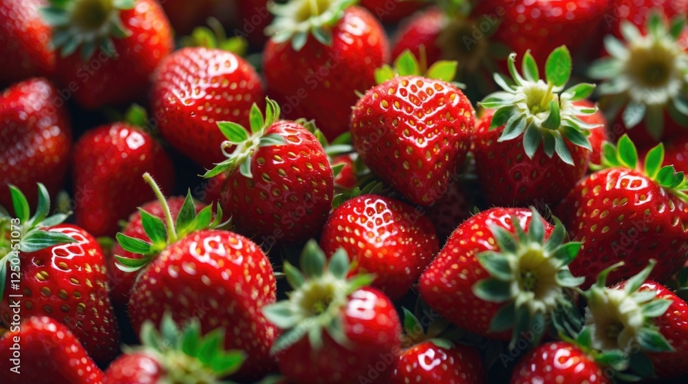 Poster closeup of fresh ripe strawberries with vibrant red color and green leaves creating a visually appea