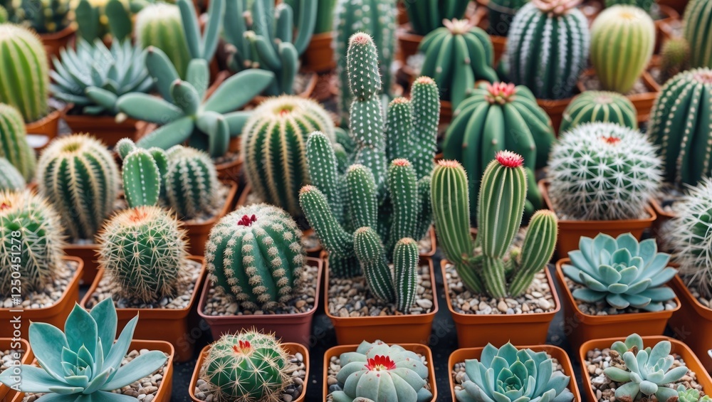 Aufkleber vibrant collection of diverse cacti and succulents in pots with textured soil showcasing greenery an