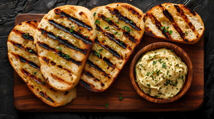 Grilled slices of bread with garlic butter and herbs on wooden board