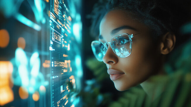 A diverse group of young tech innovators working on AI-driven solutions for climate change, analyzing big data on a futuristic screen. - Powered by Adobe