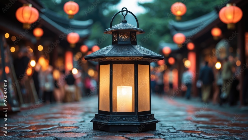 Poster serene evening scene featuring a vintage lantern illuminating a cobblestone pathway adorned with glo