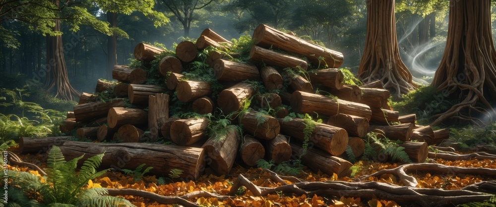 Poster forest scene with a pile of logs surrounded by lush greenery and sunlight filtering through tall tre
