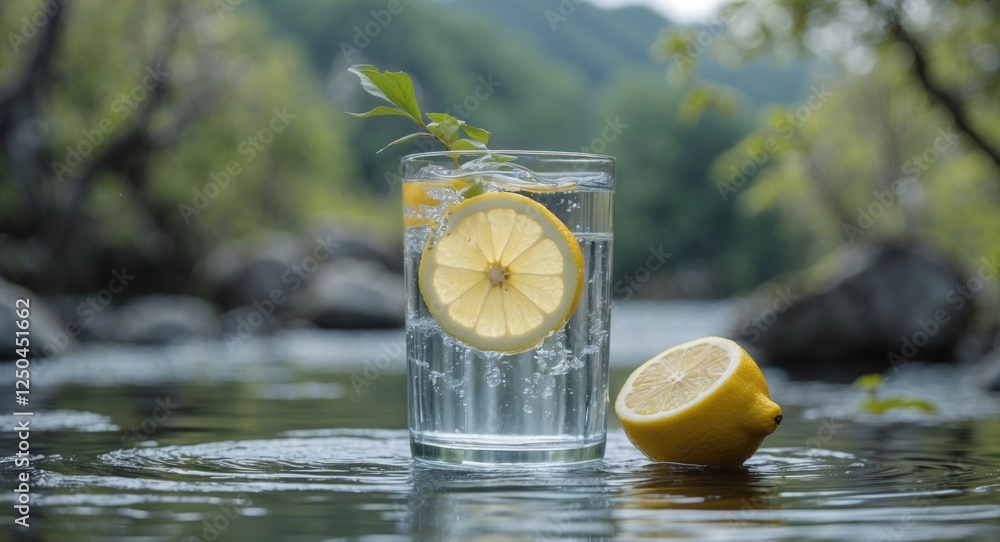Aufkleber refreshing glass of water with lemon slice in serene natural setting with calm water surface and emp