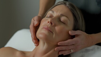 Serene Caucasian woman enjoying a relaxing facial massage on a soft white bed in a tranquil setting