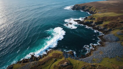 Aerial View Of Rocky Shoreline With Waves Crashing Against The Coastline And Lush Greenery Above The Cold Waters of The Scenic Ocean