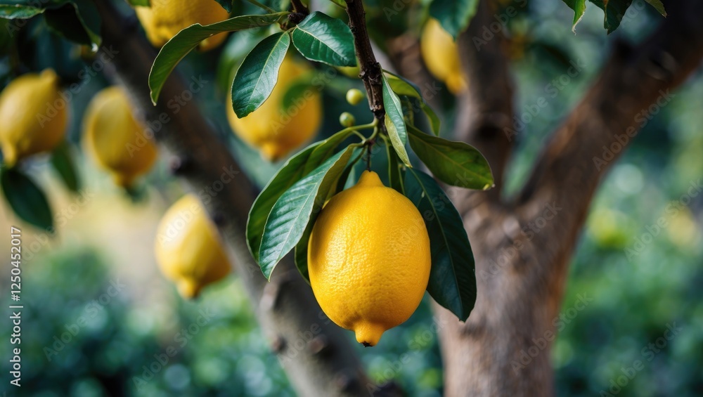Poster closeup of ripe lemon on a tree branch surrounded by green leaves and blurred background with empty 