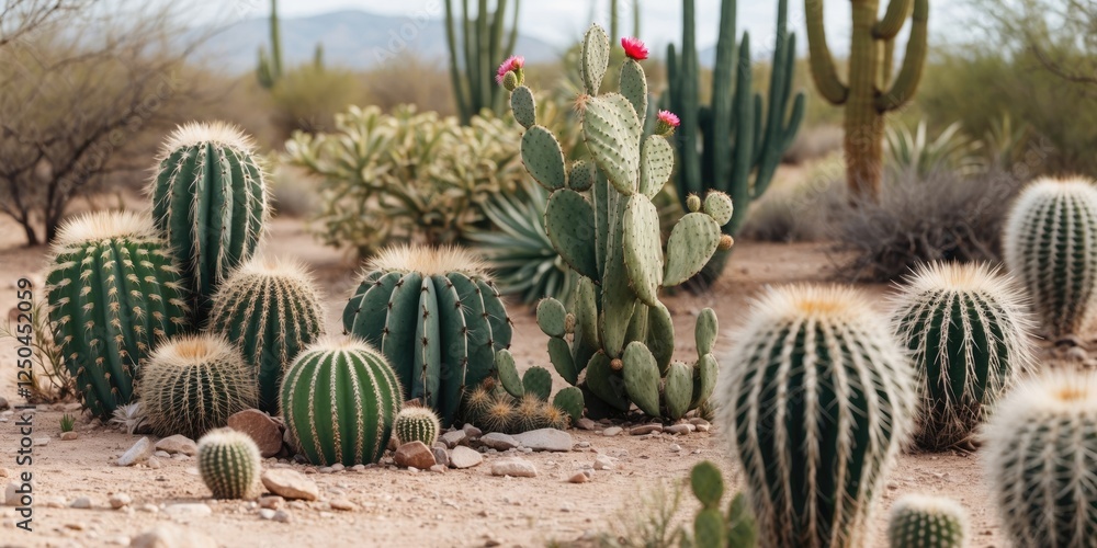 Poster desert landscape featuring diverse cacti species with varying sizes and shapes surrounded by minimal