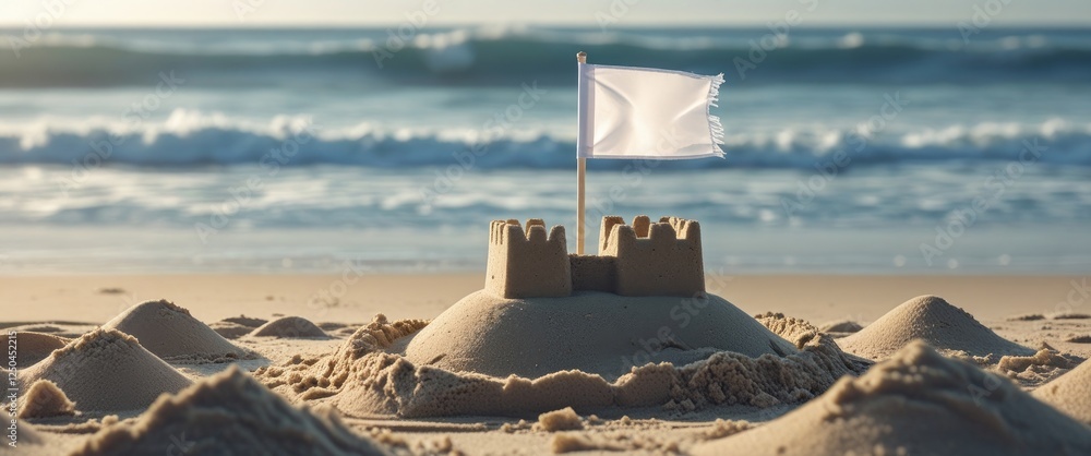 Poster sandcastle on beach with white flag and ocean waves background creating space for text or creative c
