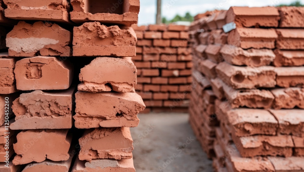 Poster stacked clay bricks for construction with a focus on texture and quality, ideal for building project