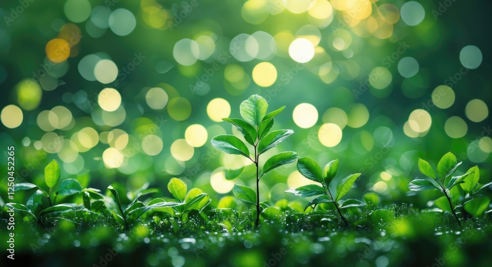 Poster verdant bokeh background with fresh green leaves and soft light creating a tranquil nature atmospher