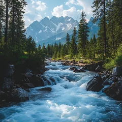 Fototapete Rund Mountain River Flowing Through Forest © Yam