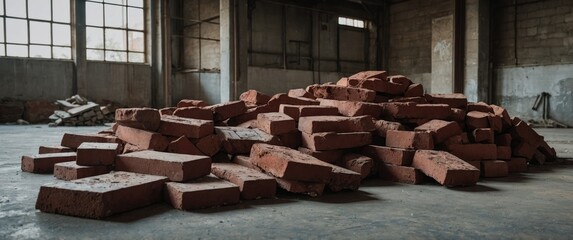 A large pile of red bricks scattered on a textured cement floor in an abandoned industrial space with natural light.
