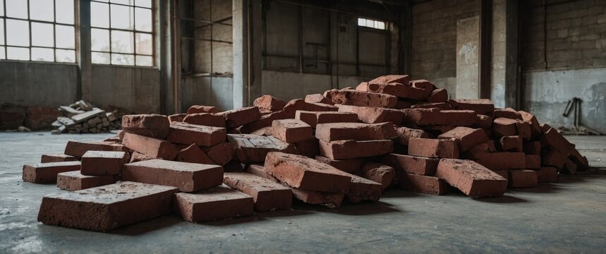 A large pile of red bricks scattered on a textured cement floor in an abandoned industrial space with natural light.