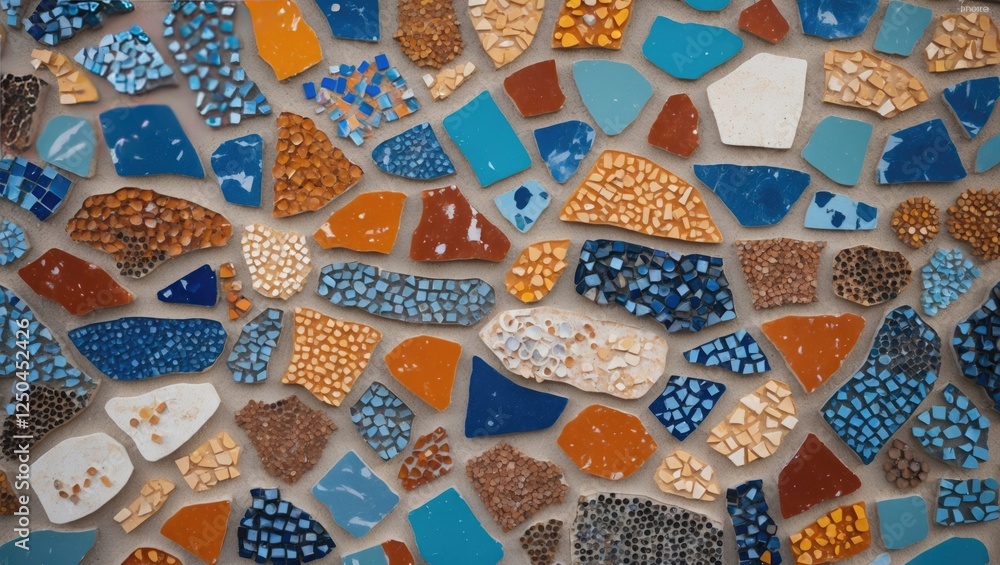 Poster vibrant abstract mosaic wall featuring a colorful array of ceramic tiles in blue, orange, and neutra
