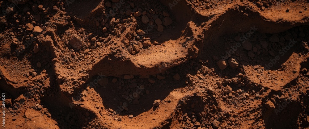 Poster textured brown earth with shadows highlighting natural patterns and pebbles creating an abstract lan