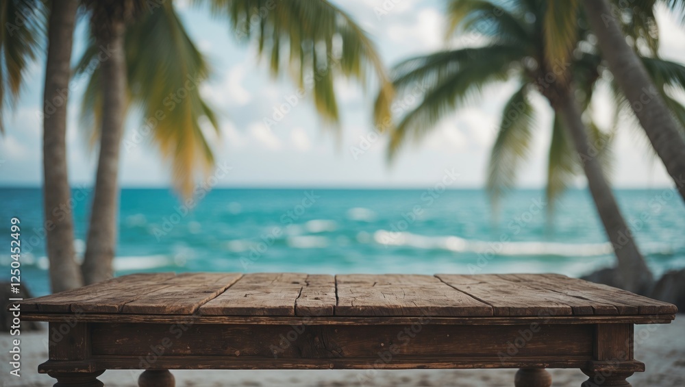 Poster tropical seaside view with an aged wooden table in the foreground and blurred palm trees and ocean i