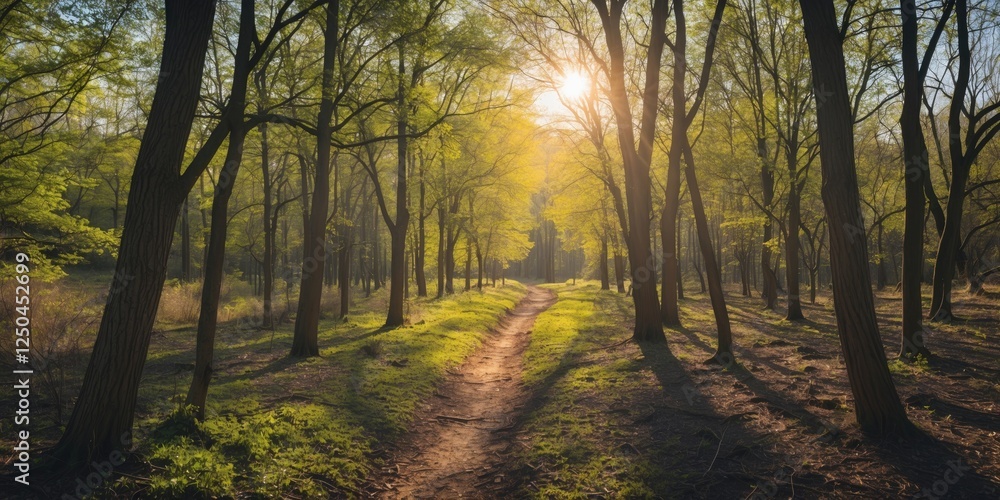 Poster sunlit woodland pathway in spring with dappled sunshine filtering through trees and abundant greener