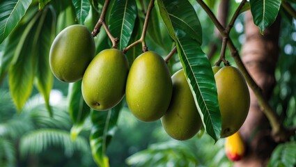 Close-up of fresh green mangoes on a branch amidst lush tropical foliage highlighting the natural beauty and growth of this vibrant fruit.