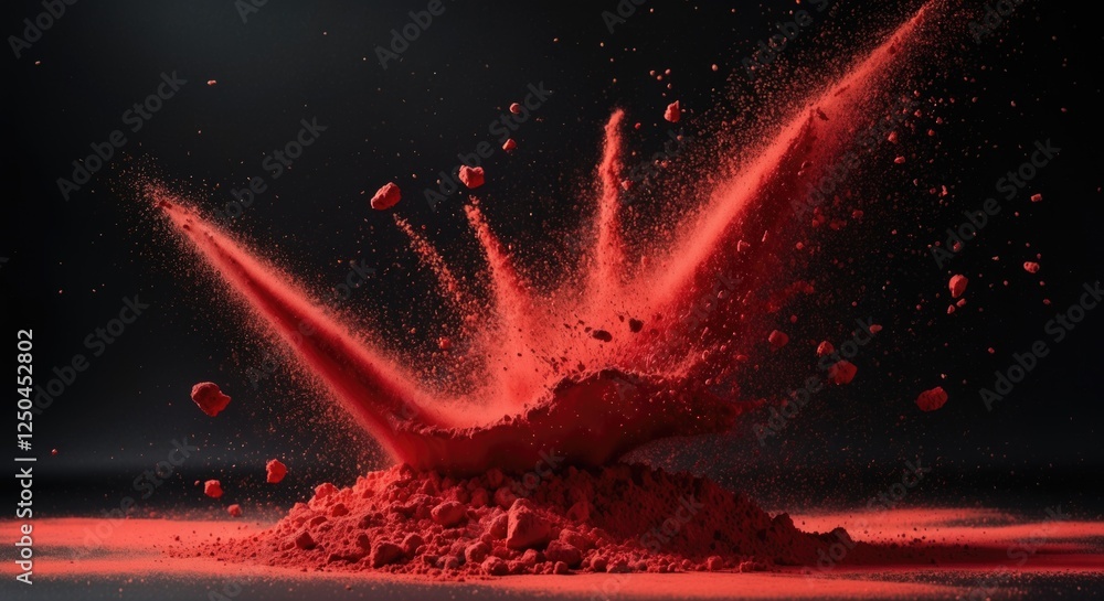 Poster dynamic red powder explosion creating an abstract artistic background with splattered particles agai