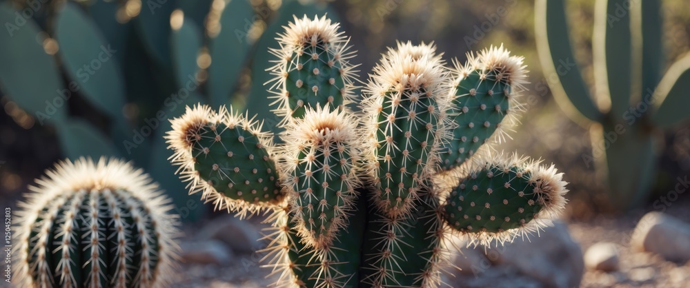 Poster cactus cluster with sharp needles in desert landscape showcasing diverse textures and colors of dese