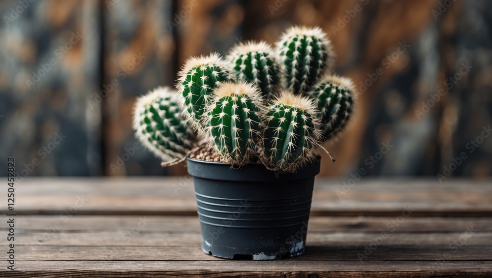 Poster astrophytum cactus arrangement in black pot on rustic wooden table with blank space for text or mark