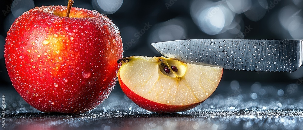 Poster close up of fresh red apple being sliced with knife on sparkling background in high definition quali