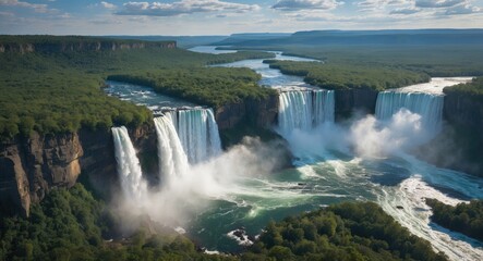 Fototapeta premium Majestic Aerial View of Breathtaking Waterfalls Surrounded by Lush Greenery and Rugged Landscapes with Space for Custom Text Overlay