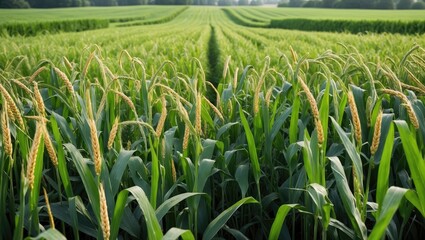 Fototapeta premium Lush Green Grain Field with Abundant Crops and Ample Space for Text Overlay in a Scenic Agricultural Landscape