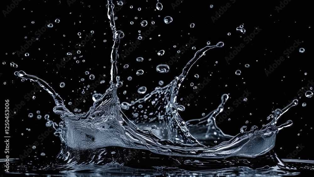 Poster dynamic water splash captured against a stark black background showcasing fluid motion and abstract 