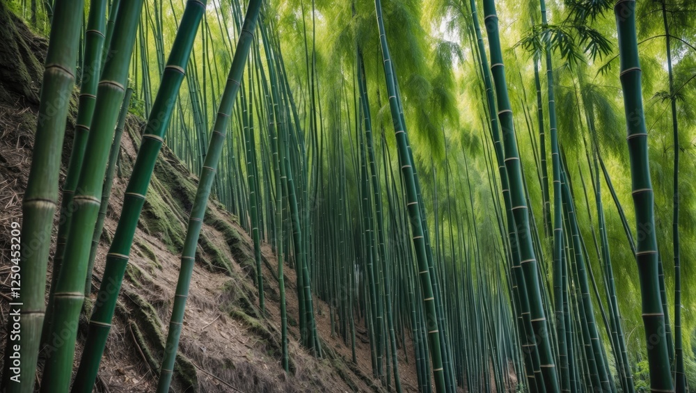 Poster lush green bamboo forest with sloping trunks creating a serene and textured landscape ideal for natu