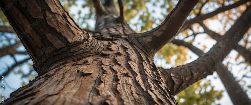 Poster low angle view of a textured tree trunk with intricate brown bark and blurred leaves and branches, h