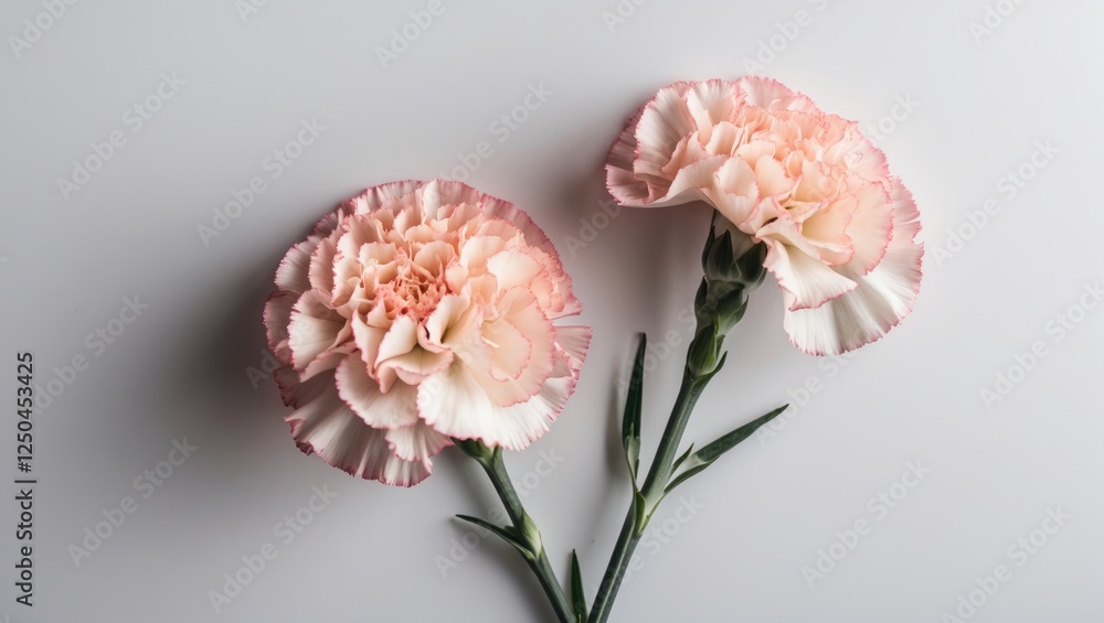 Poster set of two pink and white carnation flowers on a plain white background with space for text or messa