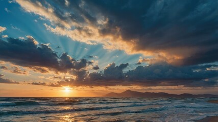 Fototapeta premium Breathtaking Sunset Over Beach With Rolling Waves Mountains And Dramatic Clouds Reflecting Vibrant Colors In Clear Ocean Water
