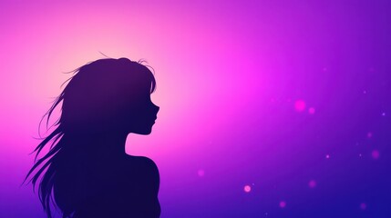 A woman&rsquo;s silhouette is displayed against a captivating purple and pink gradient backdrop, creating a mysterious atmosphere with soft glowing orbs