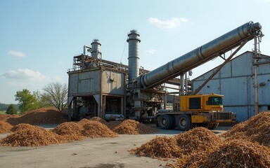 Industrial Wood Processing Facility with Machinery and Raw Materials