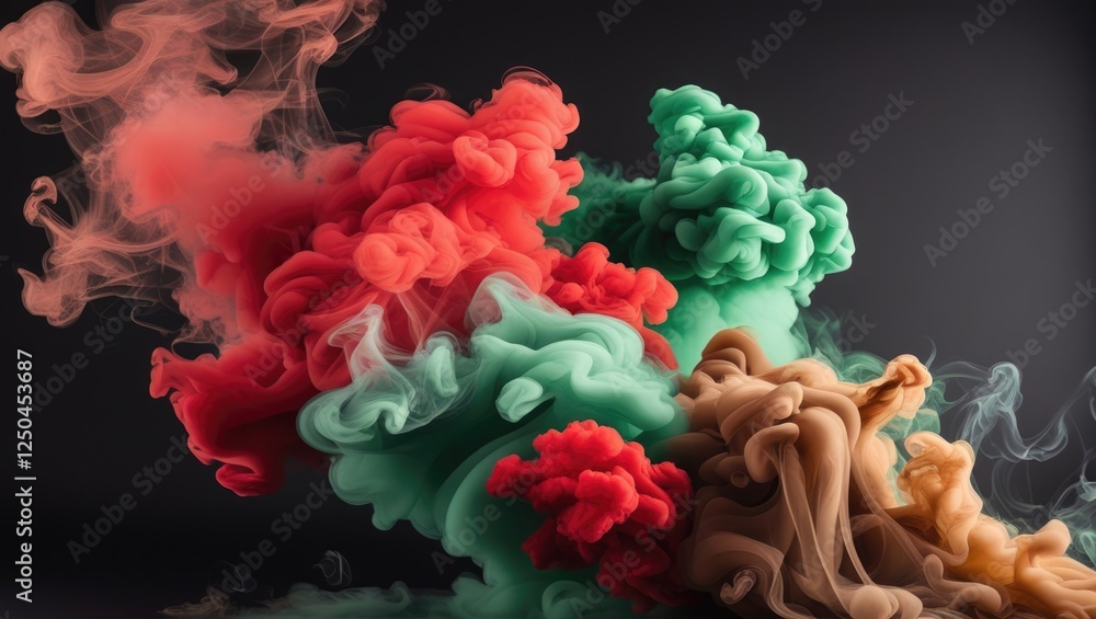 Poster vibrant abstract smoke waves in red, green, and brown against a black background creating a dynamic 