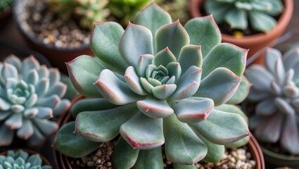 Fototapeta premium Echeveria succulent plant close-up with green leaves and pink edges surrounded by diverse succulents in pots showcasing indoor gardening aesthetics.
