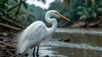 Elegant White Egret Standing Near Serene Riverbank Surrounded by Lush Jungle Foliage in Tropical Environment