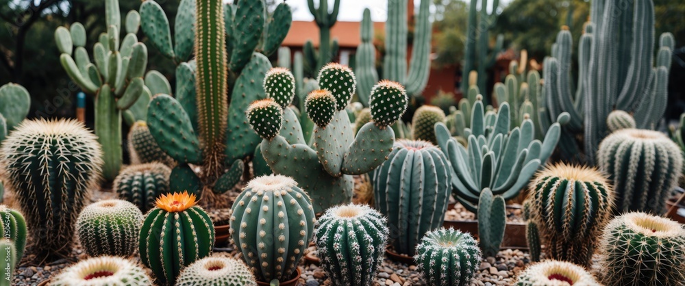 Poster diverse collection of cacti in a lush garden setting with space for text overlay