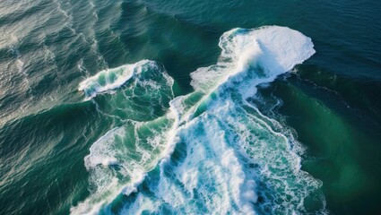 Aerial View of Turquoise and Green Ocean Waves Crash Against Each Other in Natural Seascape Beauty at Daytime