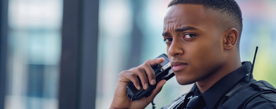 Young Security Guard Talking On Walkie-talkie, 