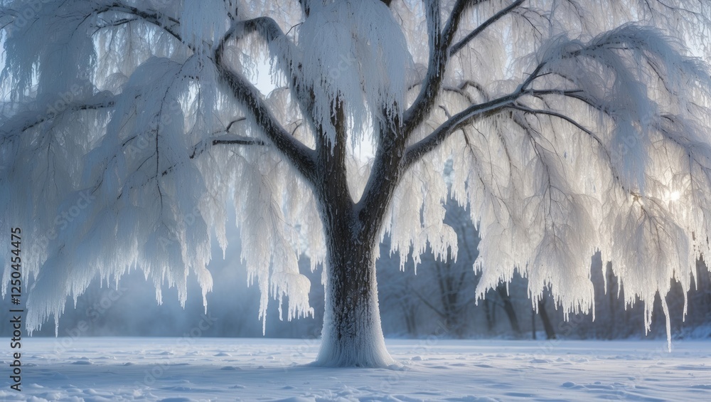 Poster frozen tree covered in ice creating a serene wintry landscape under soft sunlight and a blanket of s