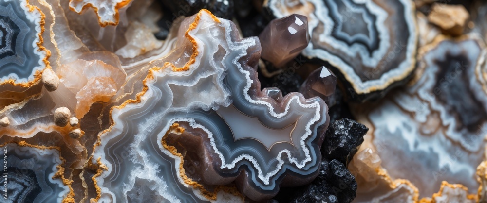 Poster close-up of colorful crazy lace agate and onyx gemstone with intricate patterns for use in design an