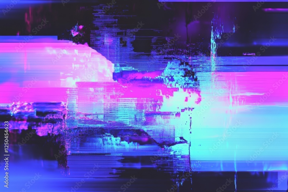 Poster abstract glitch art background in 80s style with static effects and synthwave color palette for retr