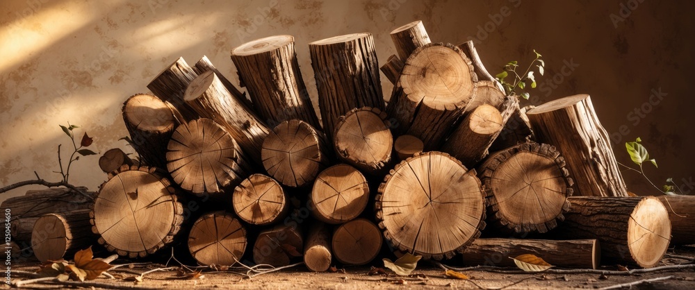 Poster cut wood logs stacked in natural light showcasing textures and circular patterns, ideal for rustic d