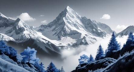 Abstract Monochrome Mountain Landscape with Blue Trees and Clouds Artistic Black and White Image with Space for Text and Decoration